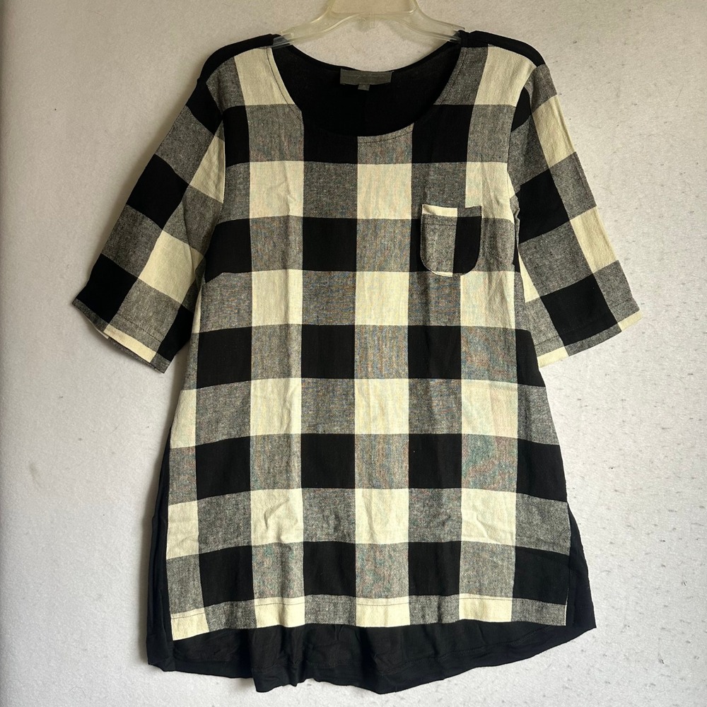 Sunday in Brooklyn Buffalo Plaid Linen Blend Tunic Top Black Cream Medium